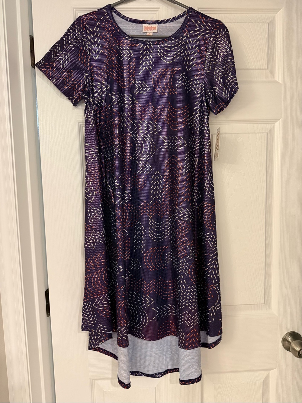 LuLaRoe Carly Dress - Navy with Red and Silver Pattern Short Sleeve Swing Dress